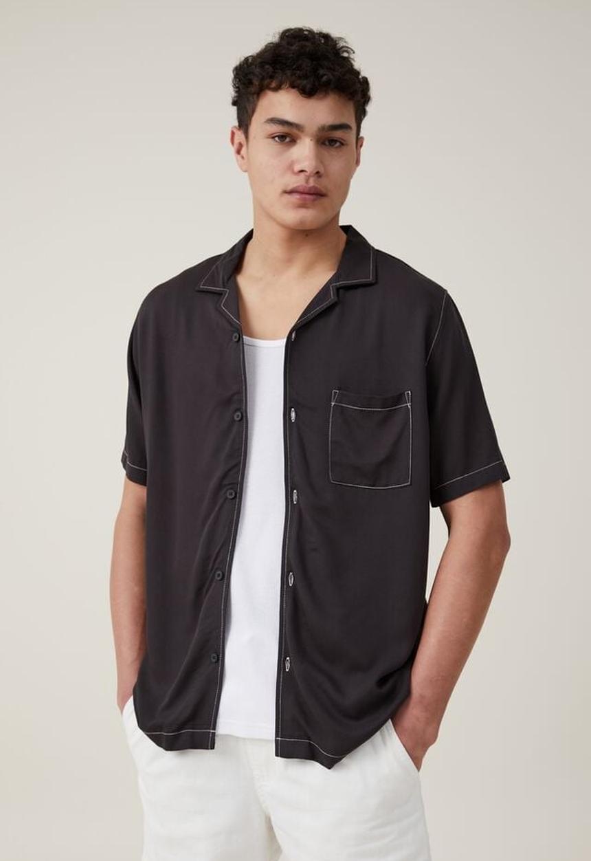 Cotton On - Riviera short sleeve shirt - black pop stitch