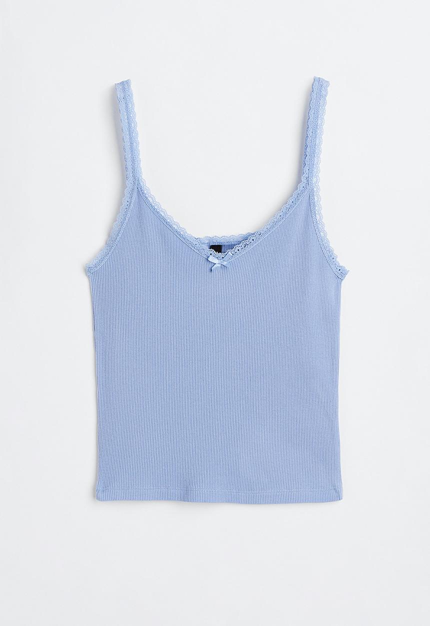 H&M - Lace trimmed ribbed vest top - light blue 