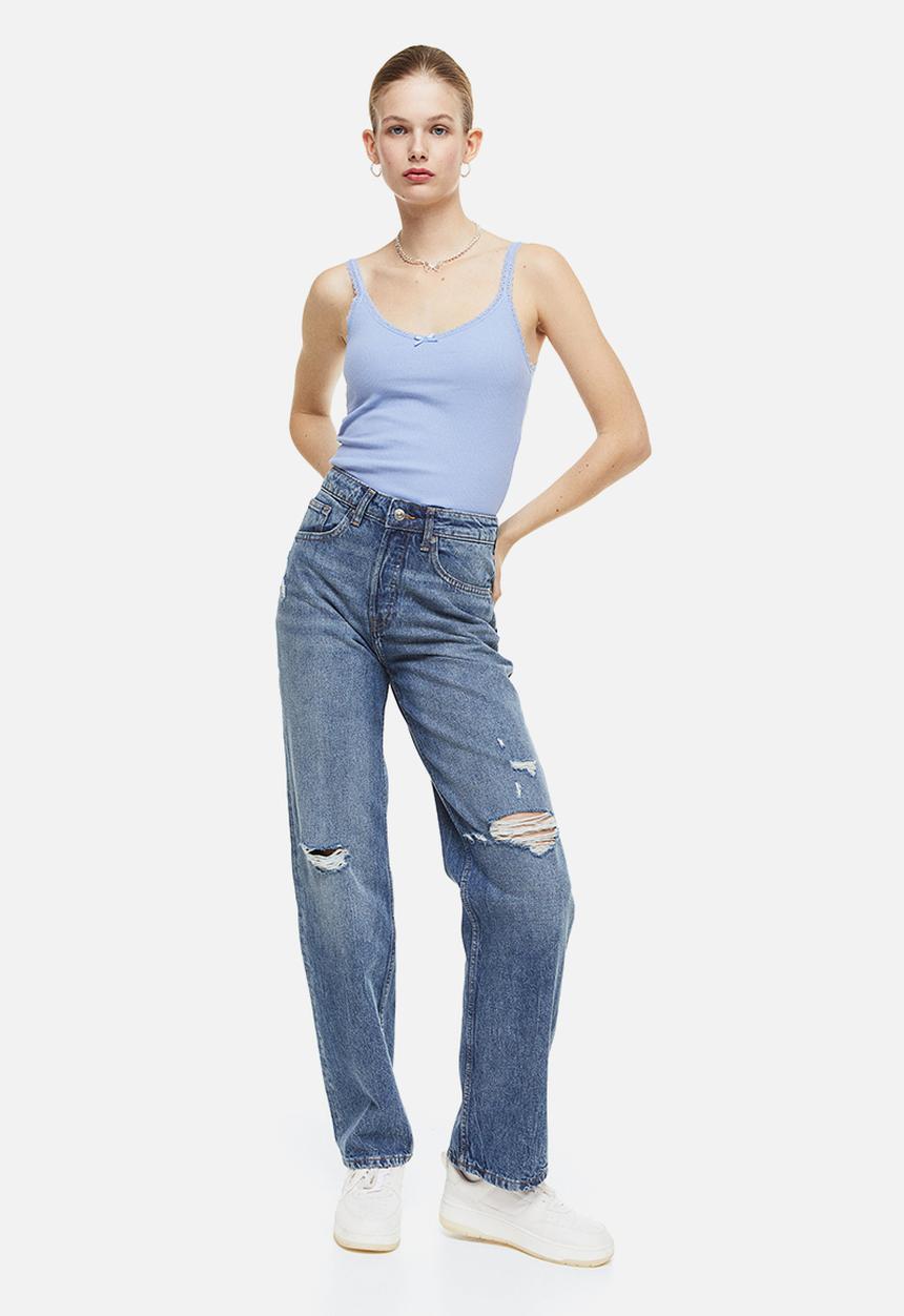 H&M - Lace trimmed ribbed vest top - light blue 