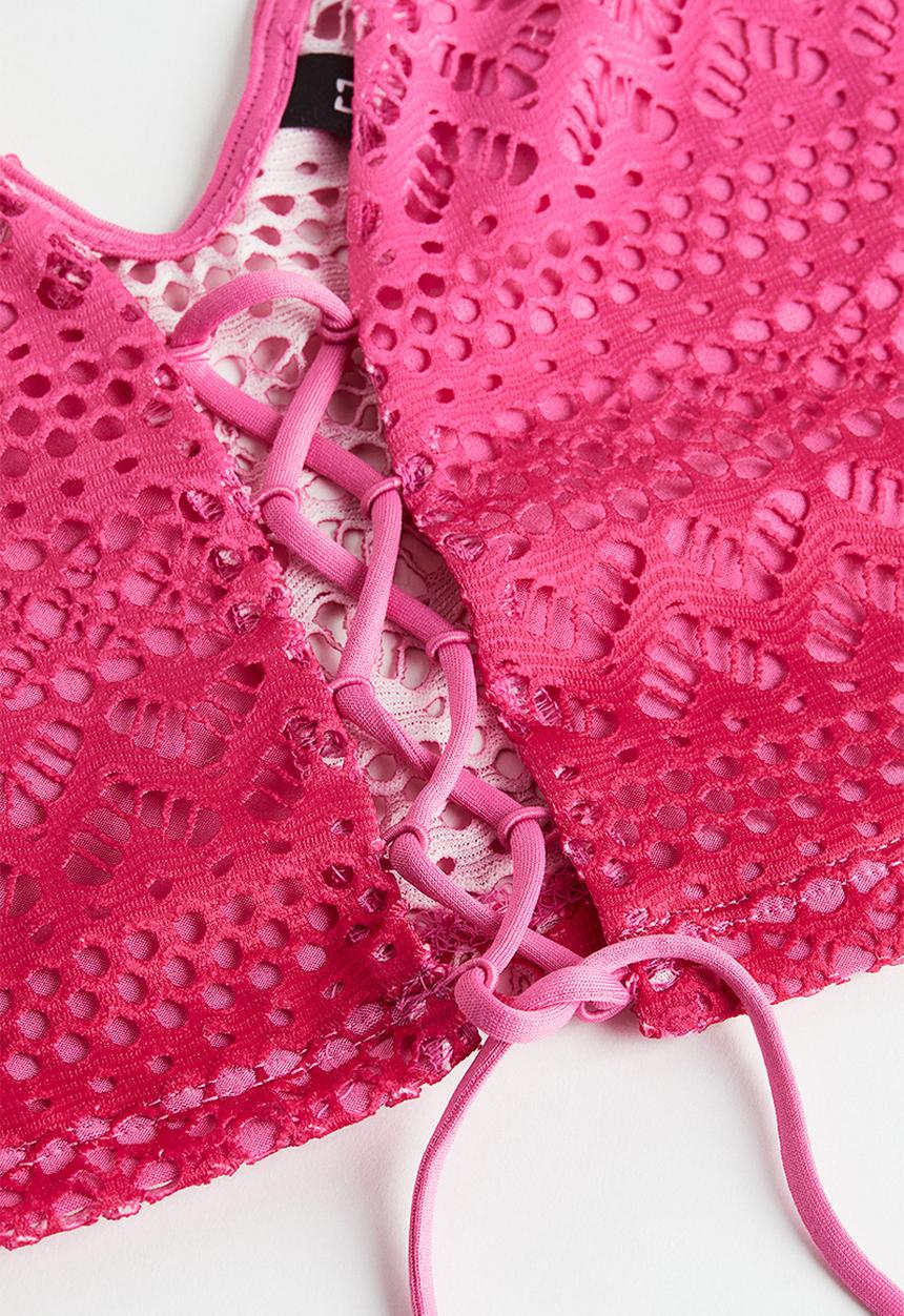 H&M - Lacing detail hole patterned jersey top - light pink