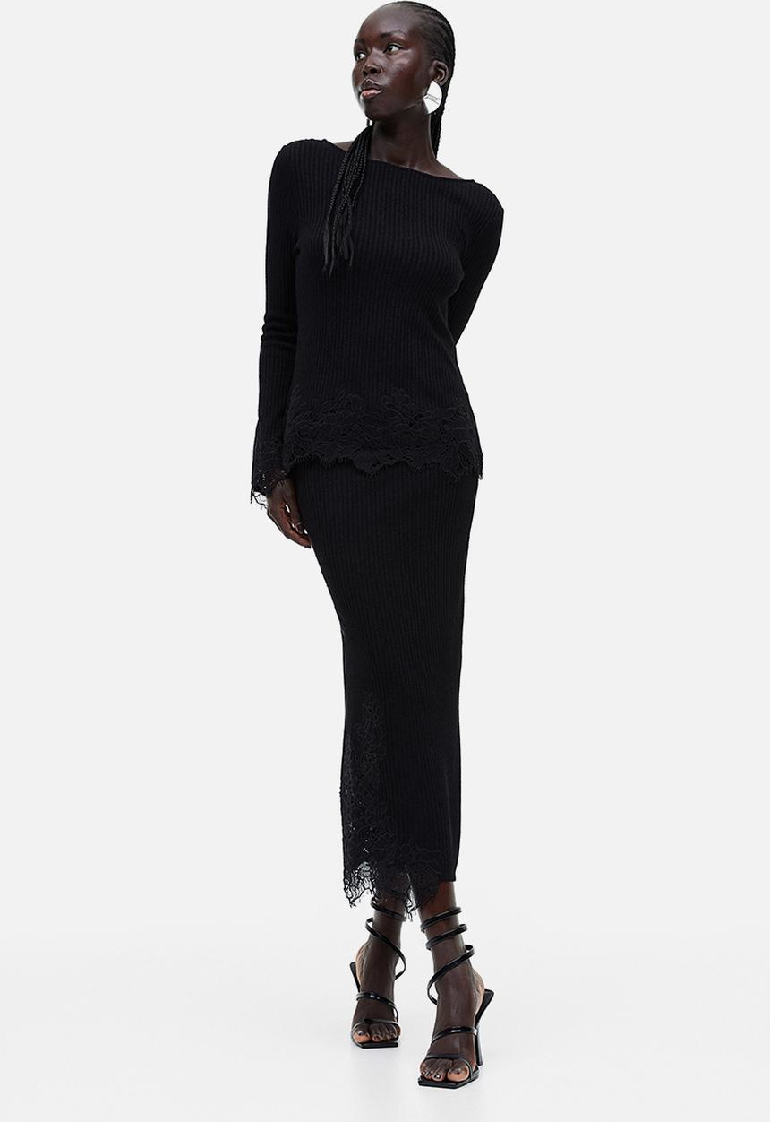 H&M - Lace-detail ribbed skirt - black
