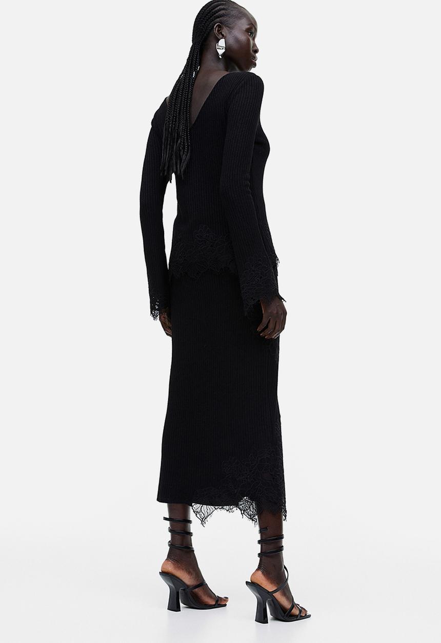 H&M - Lace-detail ribbed skirt - black