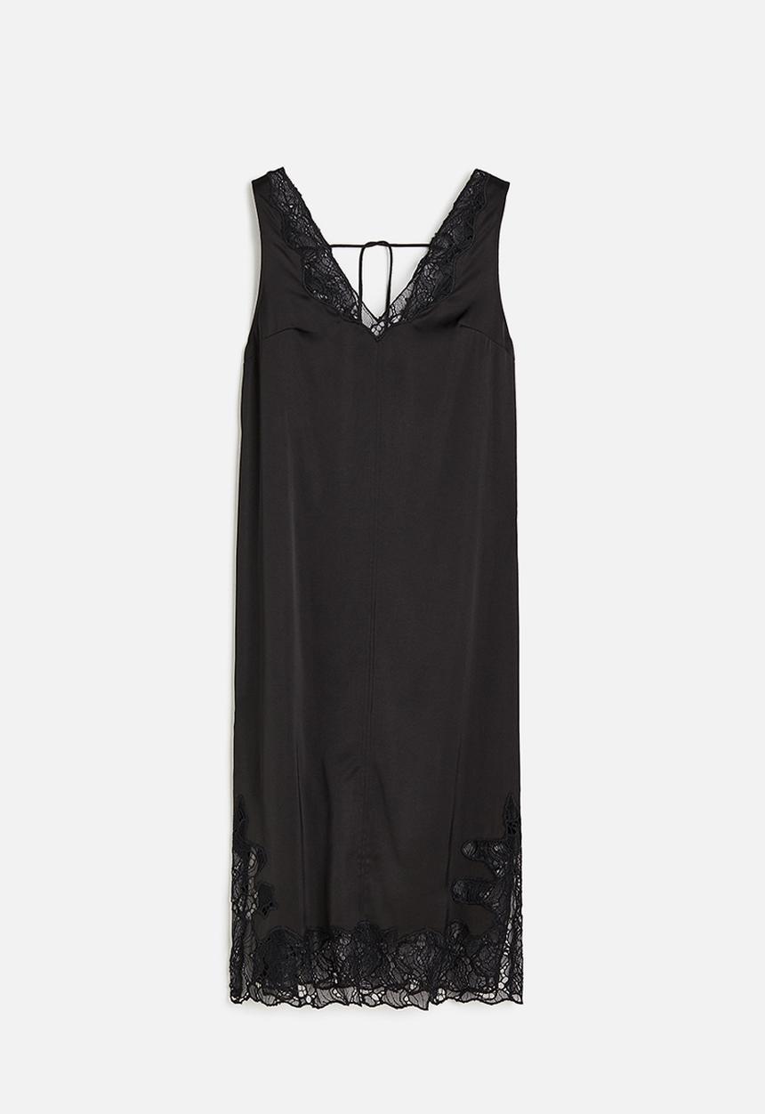 Lace-detail satin dress - black - 1166234001