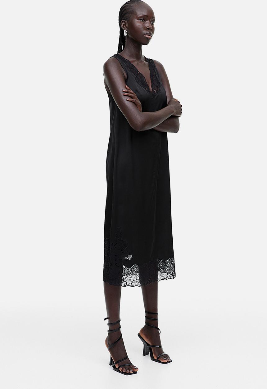 H&M - Lace-detail satin dress - black