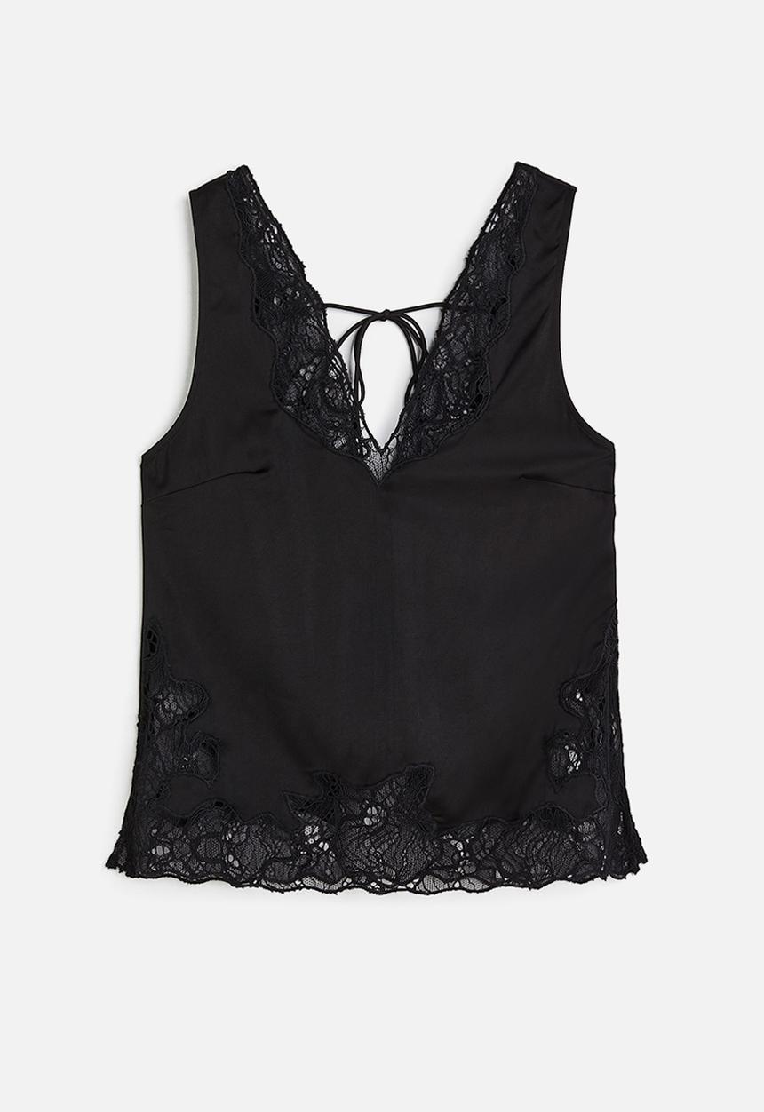 H&M - Lace-detail satin top - black