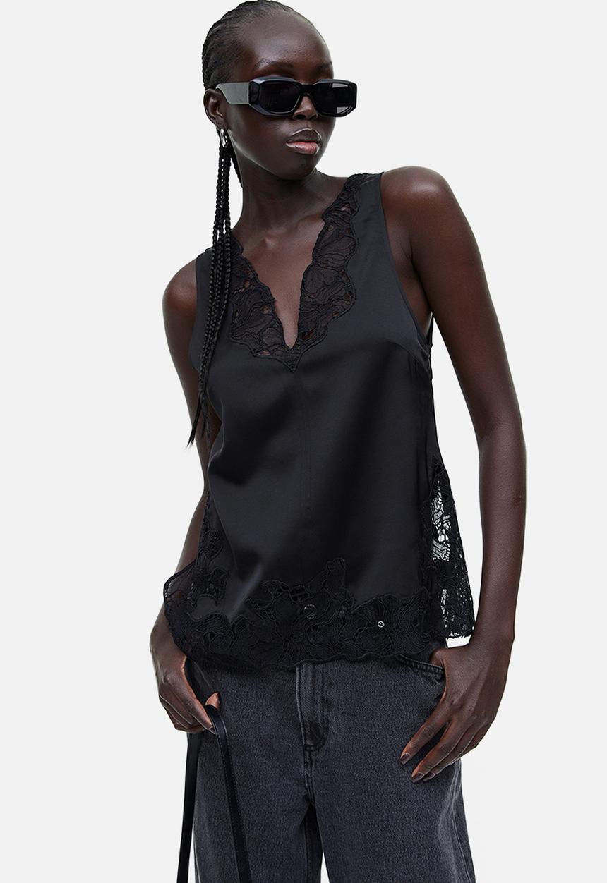 H&M - Lace-detail satin top - black