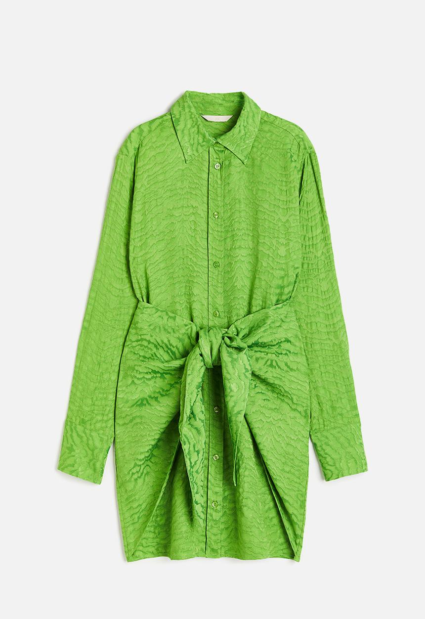 H&M - Tie-detail shirt dress - green crocodile patterned