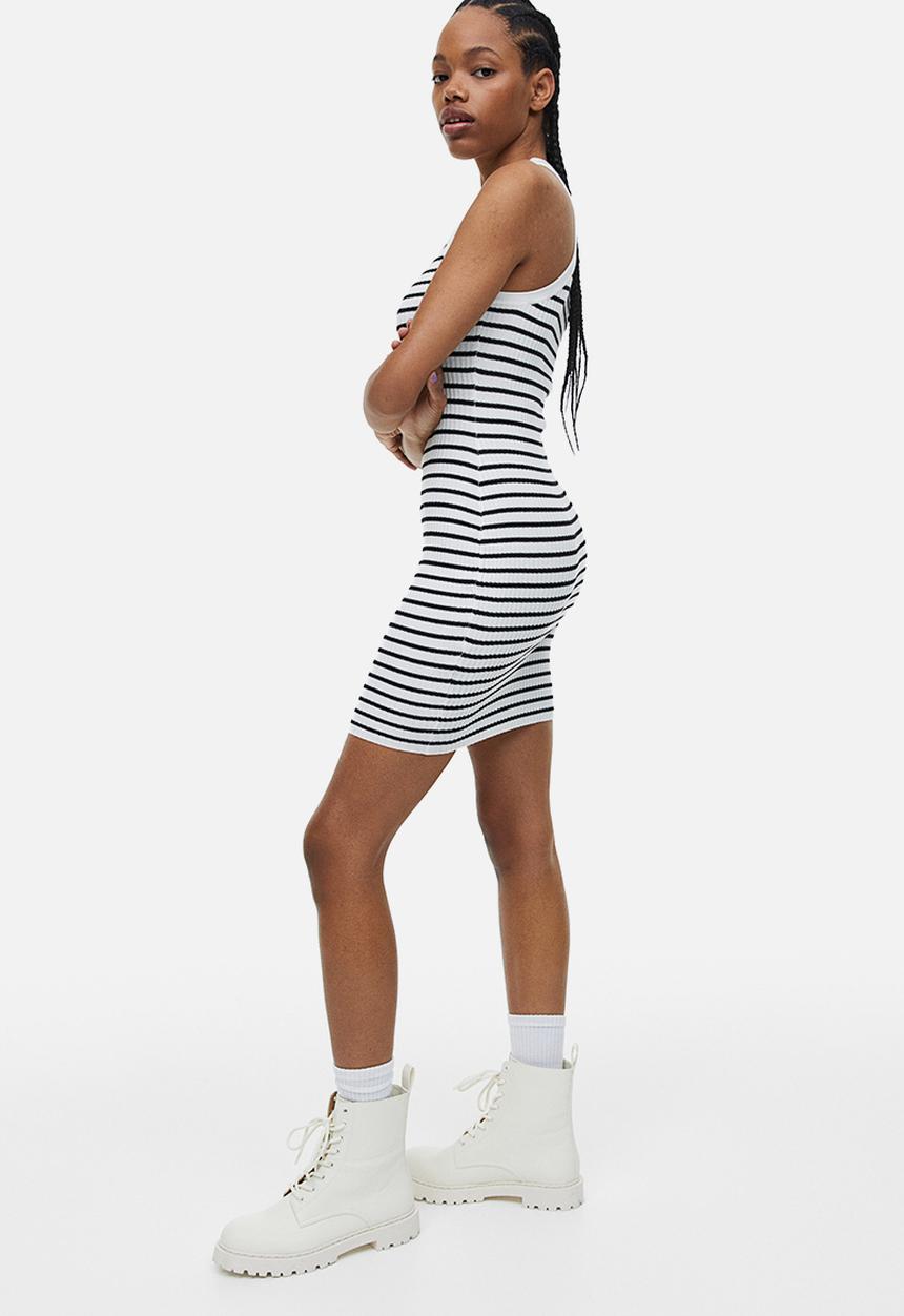 H&M - Rib-knit bodycon dress - white striped 
