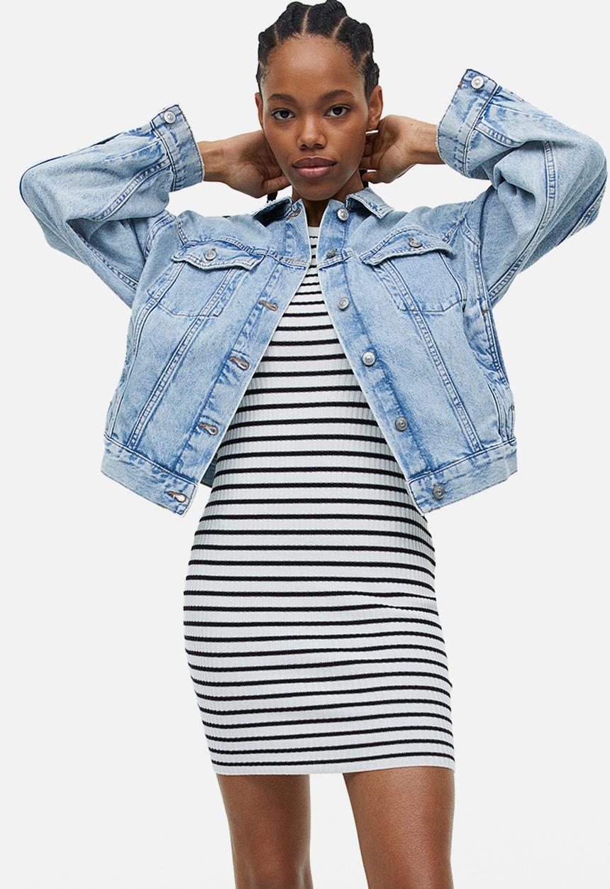 H&M - Rib-knit bodycon dress - white striped 