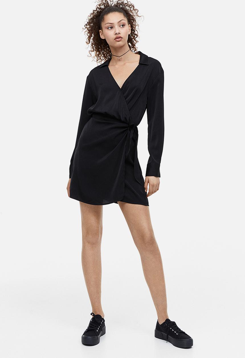 H&M - Satin wrap shirt dress - black