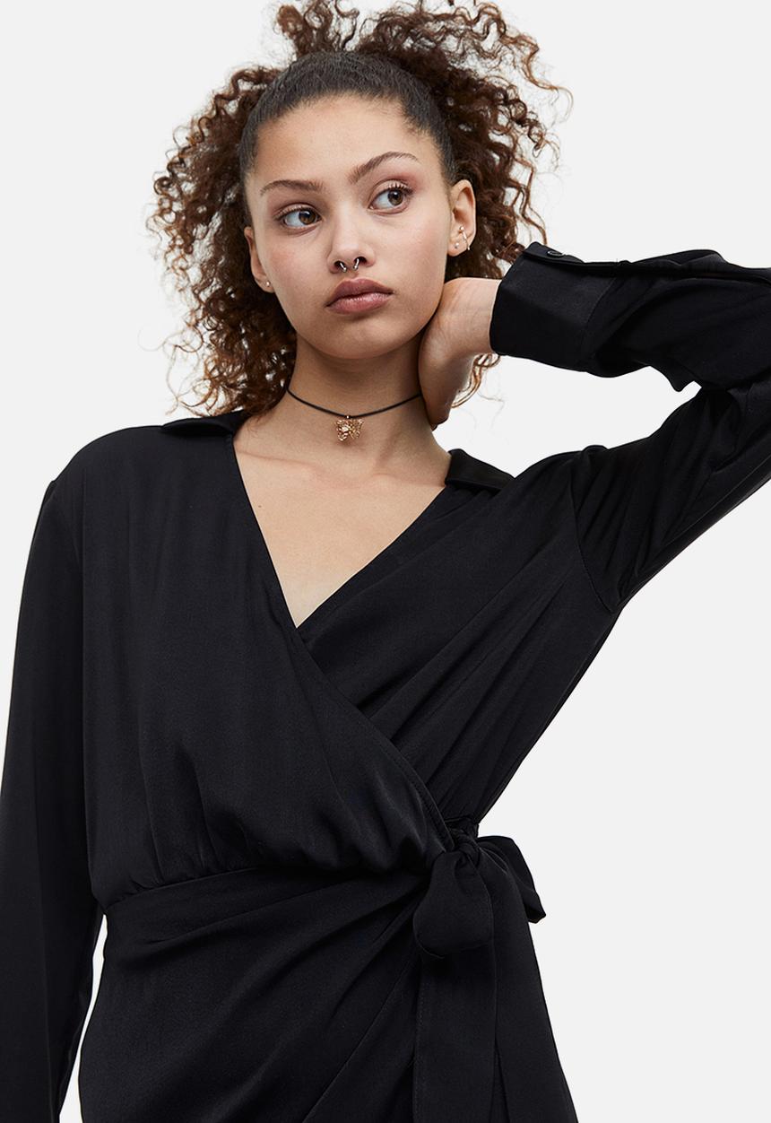 H&M - Satin wrap shirt dress - black