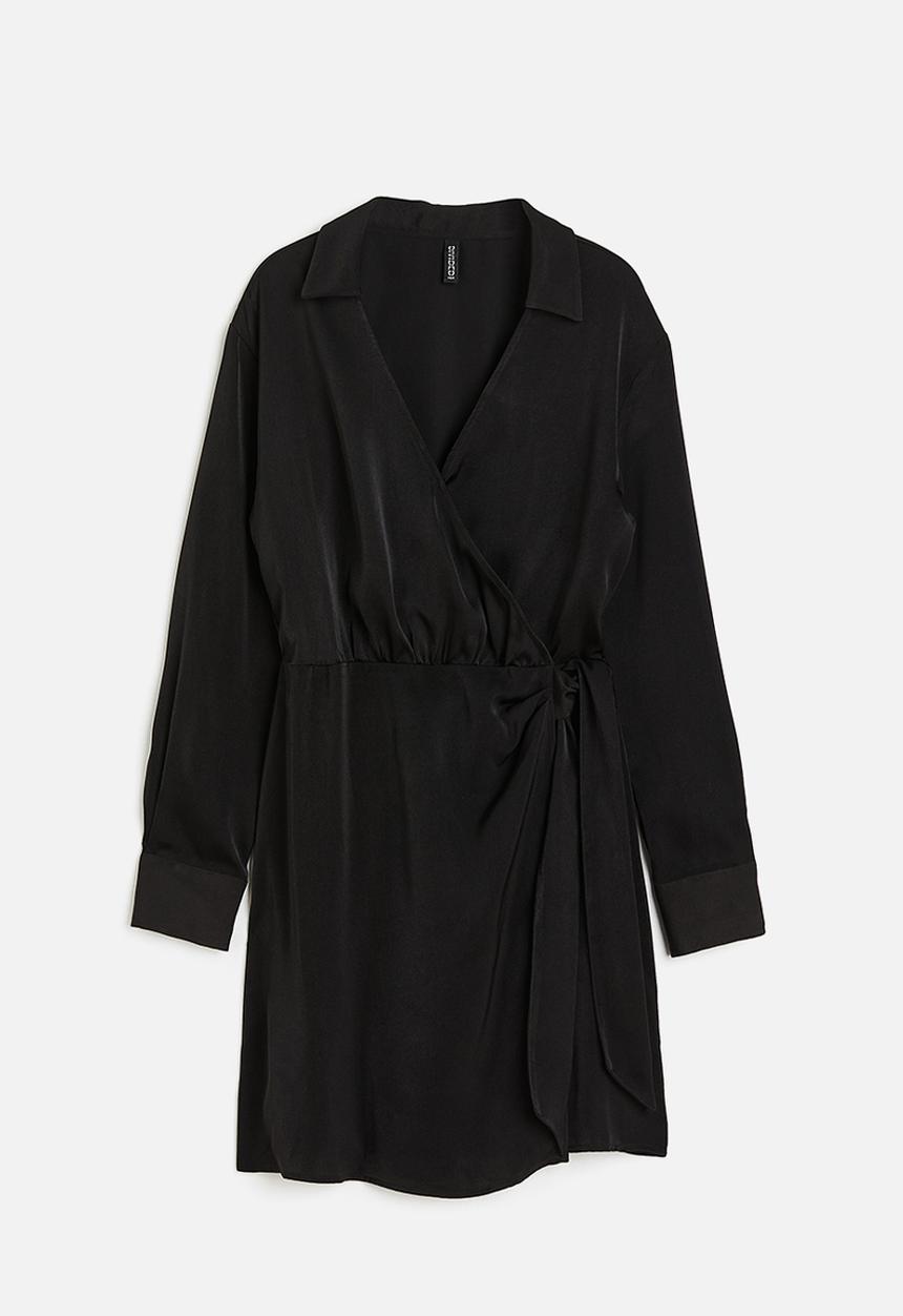 H&M - Satin wrap shirt dress - black