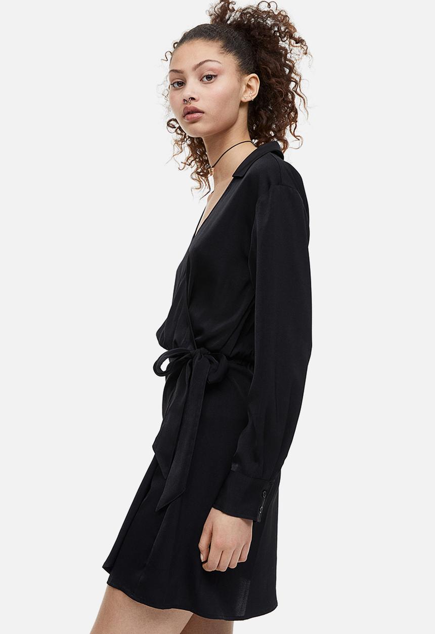 H&M - Satin wrap shirt dress - black