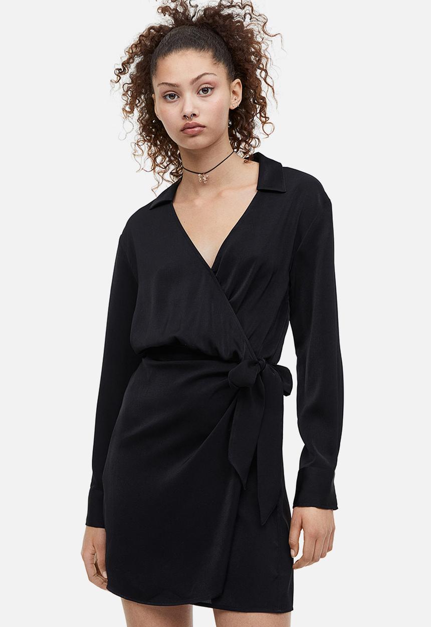 H&M - Satin wrap shirt dress - black