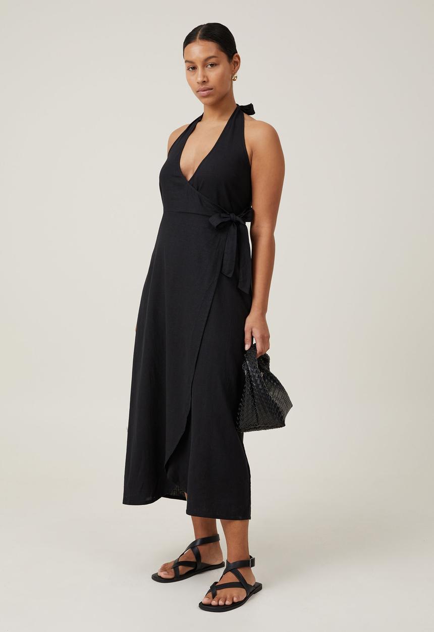 Cotton On - Haven halter wrap midi dress - black