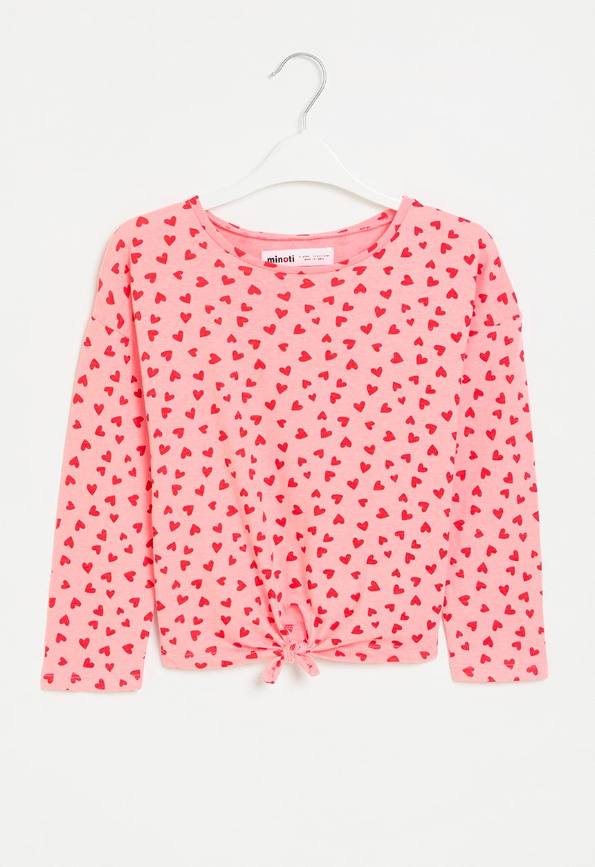 MINOTI - Girls basic aop hearts graphic knot long sleeve top - pink