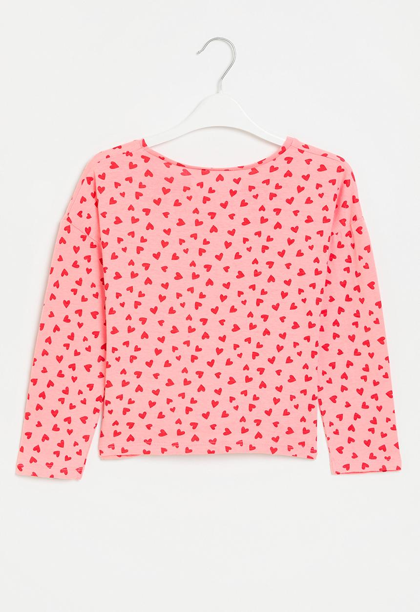 MINOTI - Girls basic aop hearts graphic knot long sleeve top - pink