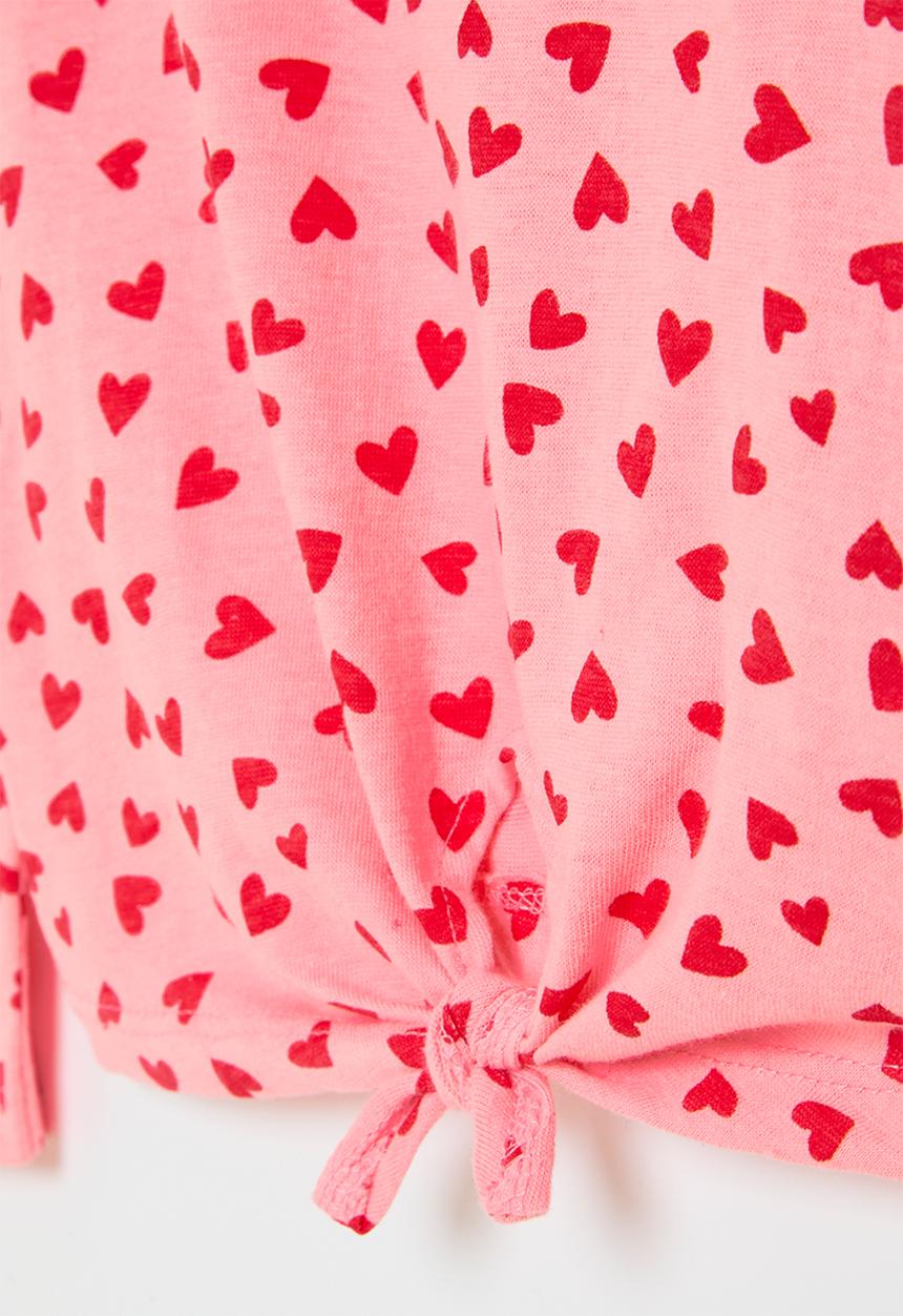 MINOTI - Girls basic aop hearts graphic knot long sleeve top - pink