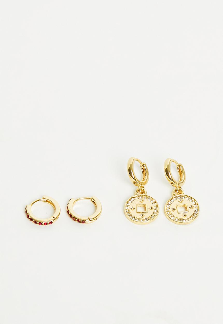 Rubi - 2pk mid earring - gold plated red dia medallion