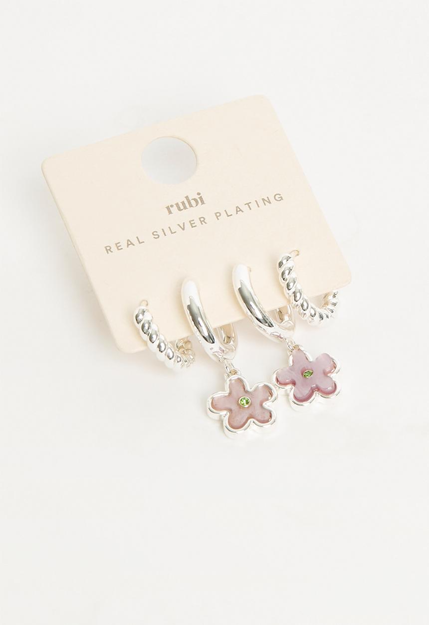 Rubi - 2pk mid earring - sterling silver plated purple retro flower