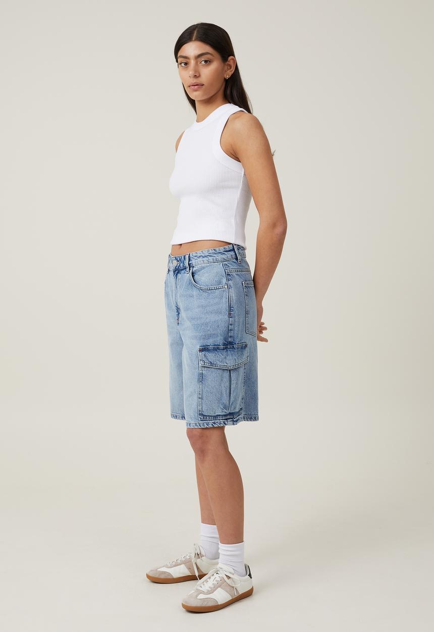 Cotton On - Super baggy cargo denim jort - bells blue