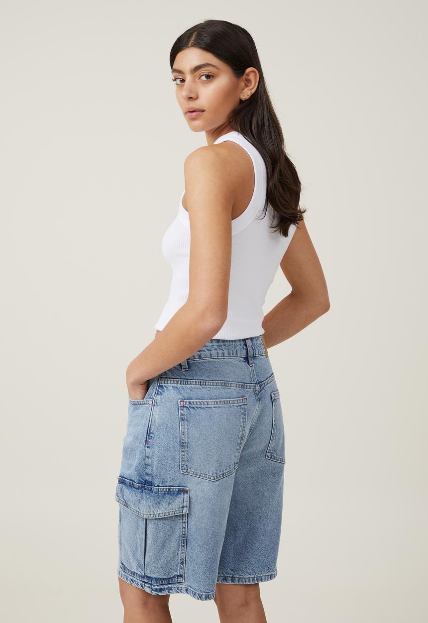 Cotton On - Super baggy cargo denim jort - bells blue