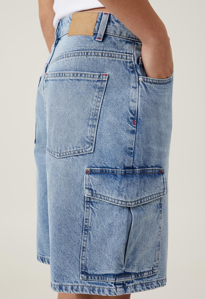Cotton On - Super baggy cargo denim jort - bells blue