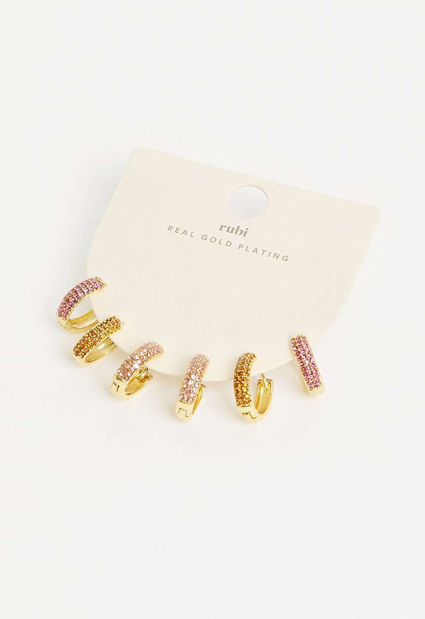 Rubi - 3Pk mid earring - gold plated dia hot pink pale pink orange