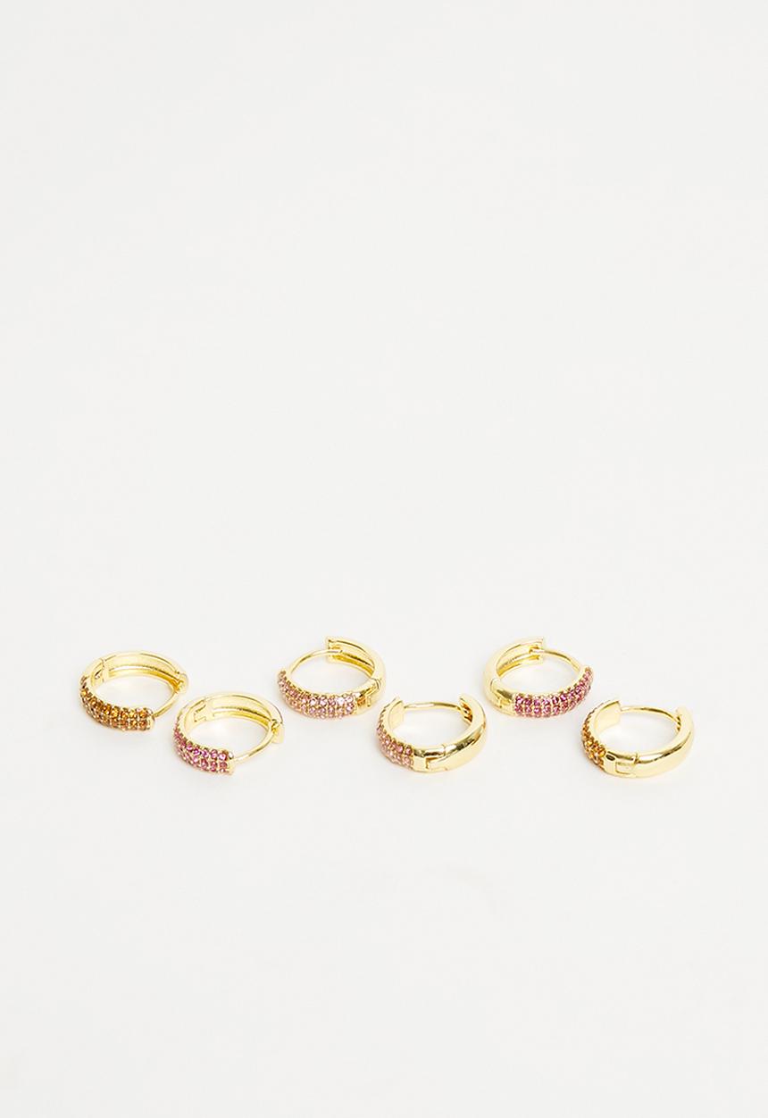Rubi - 3Pk mid earring - gold plated dia hot pink pale pink orange