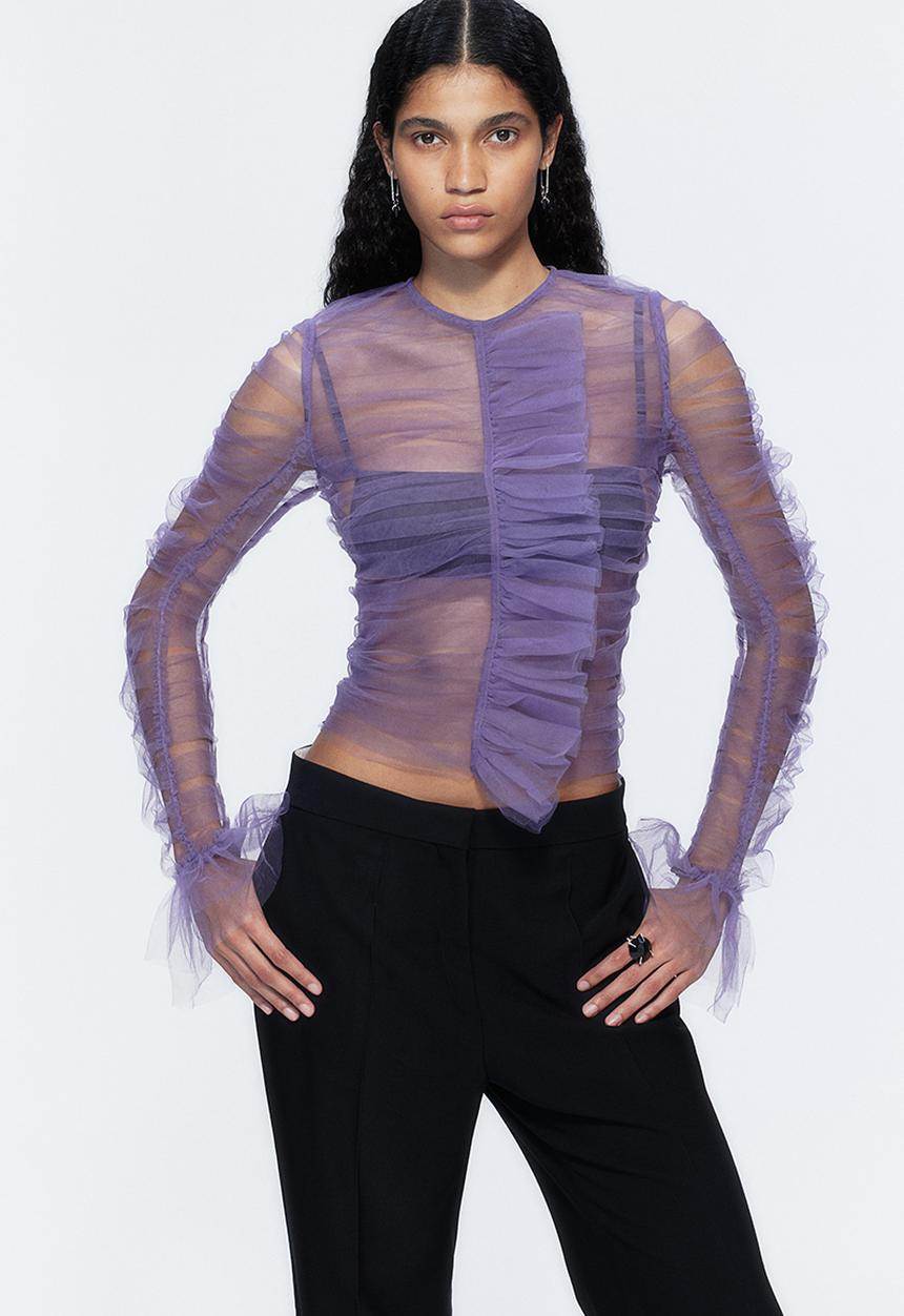 H&M - H&M Studio: Frilled tulle top - dark mauve