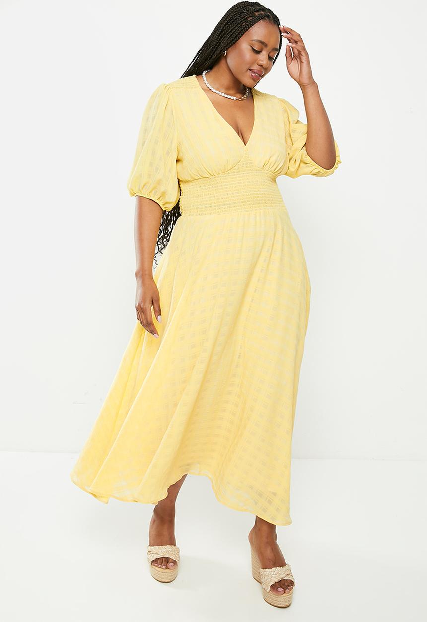 Me&B - Shirred waist & shoulder v neck dress - yellow sheer gingham