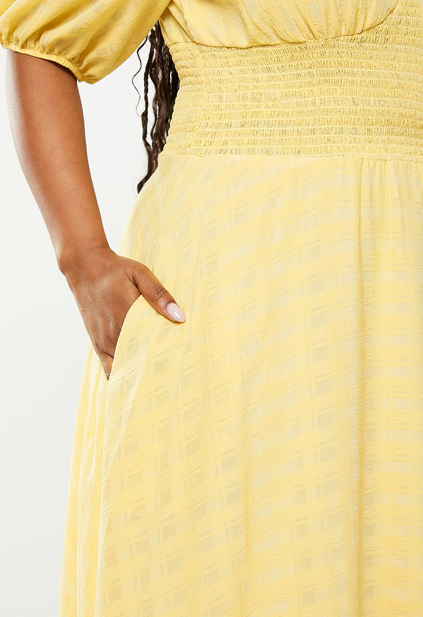Me&B - Shirred waist & shoulder v neck dress - yellow sheer gingham
