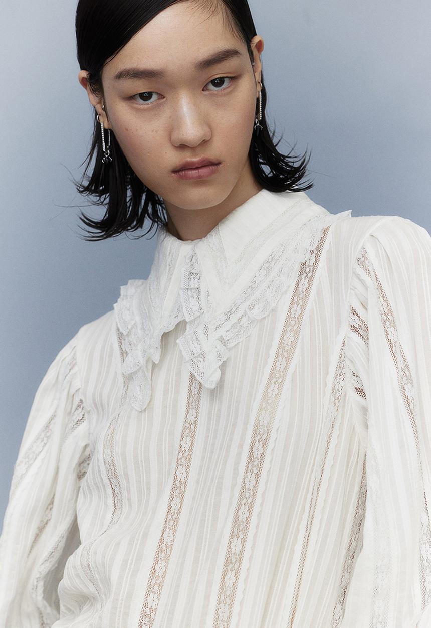 H&M - H&M Studio: Collared lace-inset blouse - white