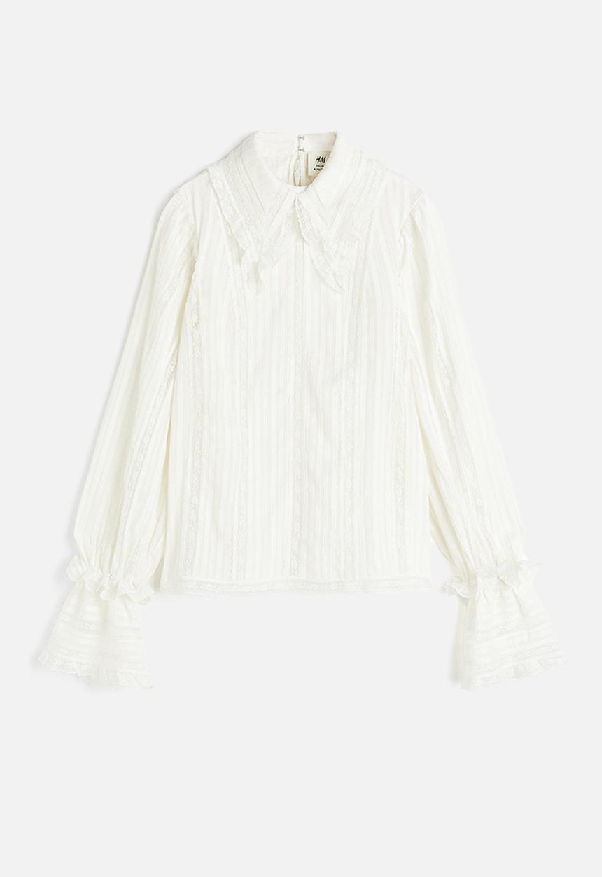 H&M - H&M Studio: Collared lace-inset blouse - white