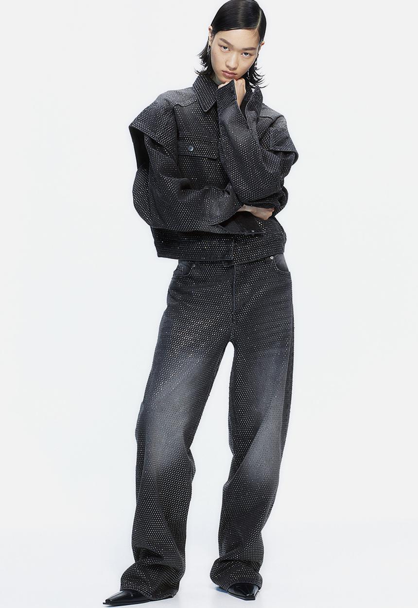 H&M - H&M Studio: Rhinestone-embellished jeans - charcoal grey/silver-colour