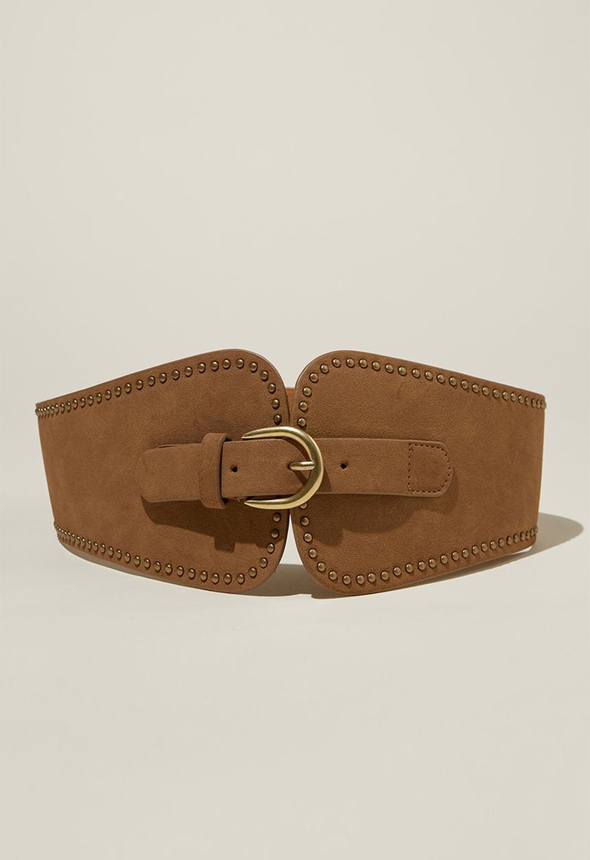 Rubi - Isla wide studded belt - tan nubuck/brushed gold