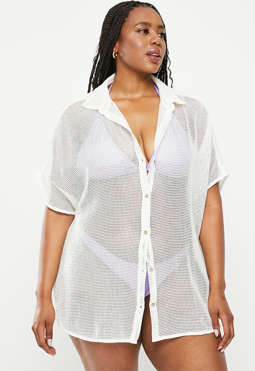 Cotton On - Plus open mesh short sleeve shirt - white
