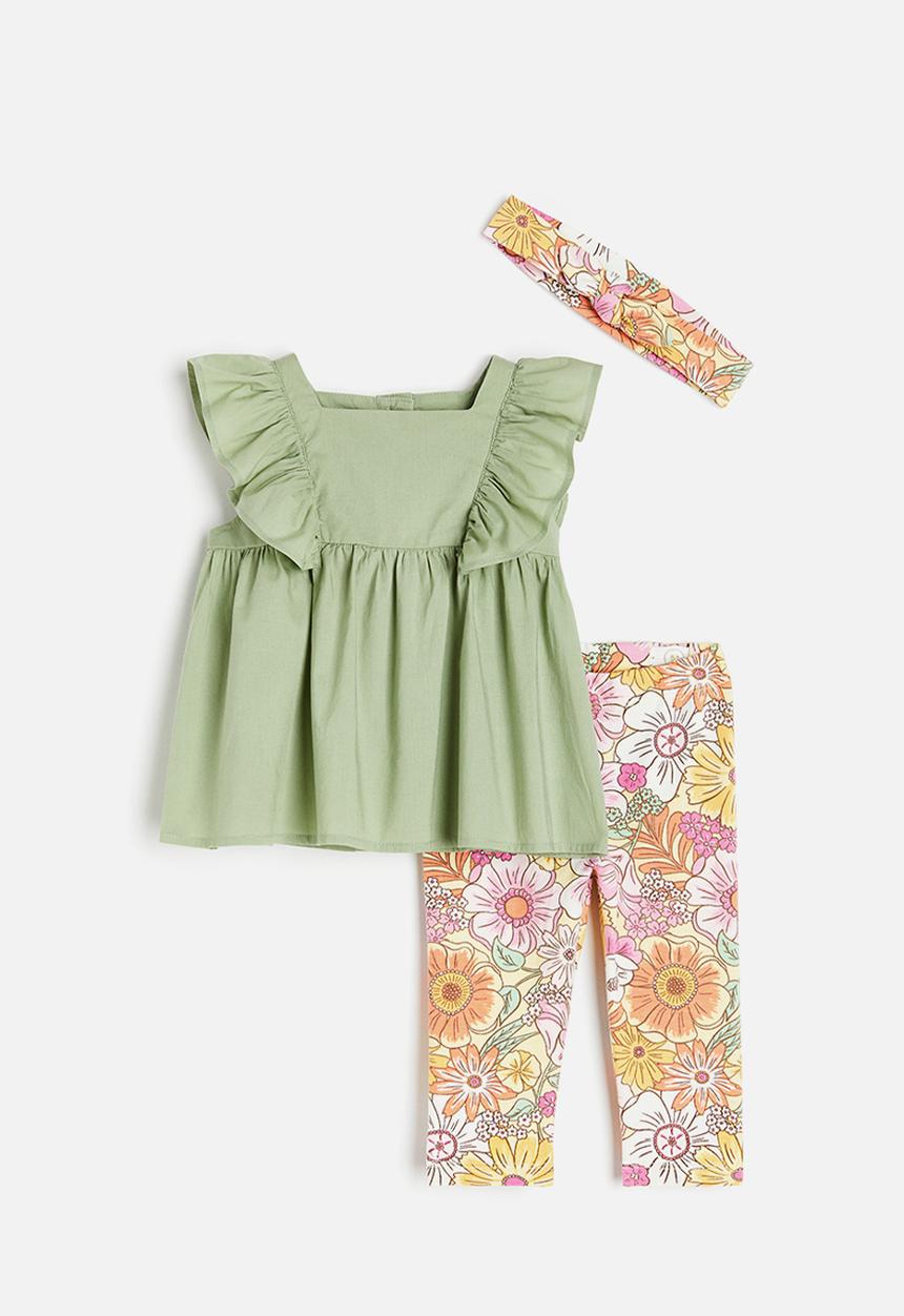 H&M - 3-piece cotton set - light green / floral 