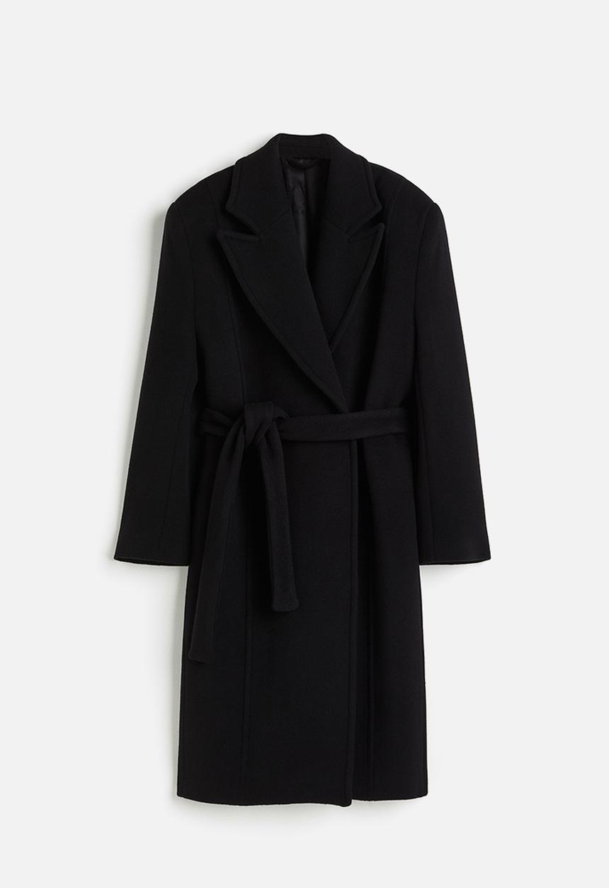 H&M - H&M Studio: Wool-blend tie-belt coat - midnight black 