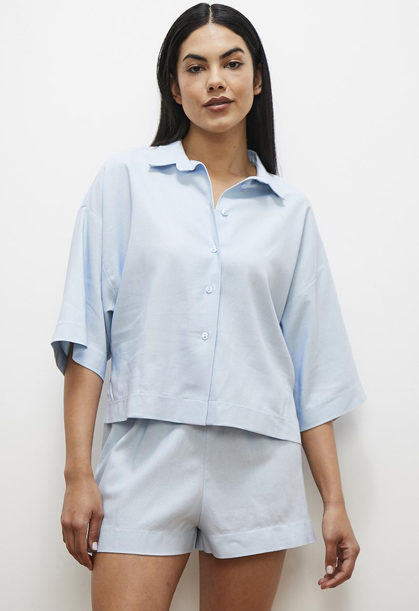 edit - Linen blend button down set - dream blue