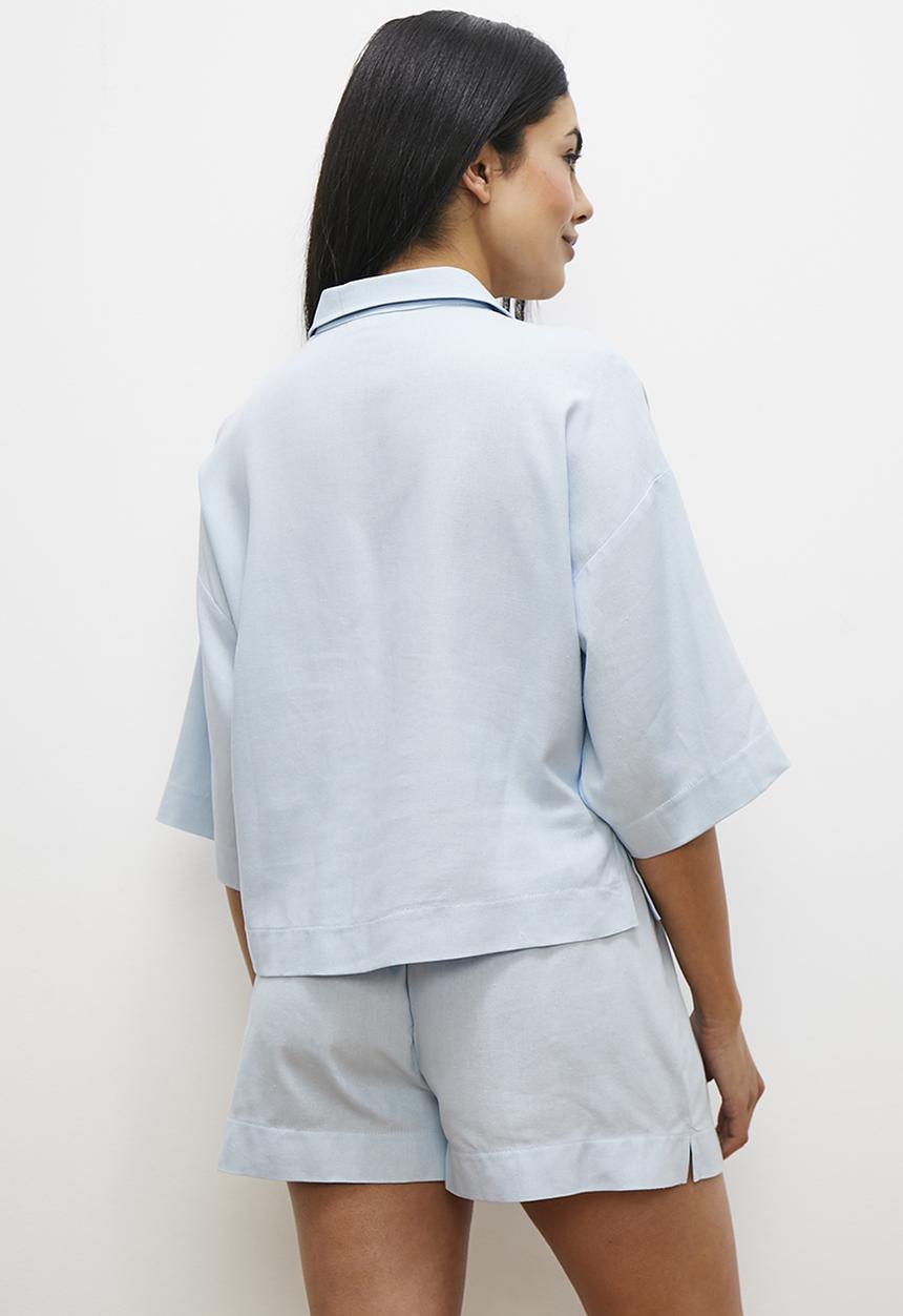 edit - Linen blend button down set - dream blue