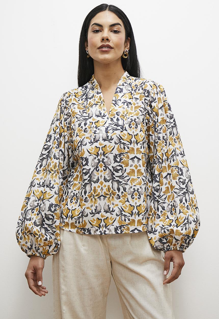 edit - Balloon sleeve v-neck blouse - golden tapestry print