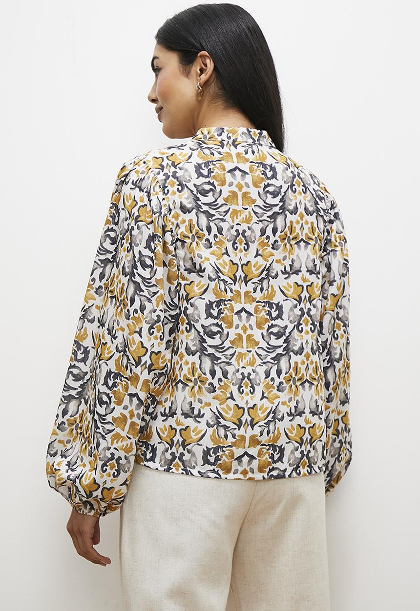 edit - Balloon sleeve v-neck blouse - golden tapestry print