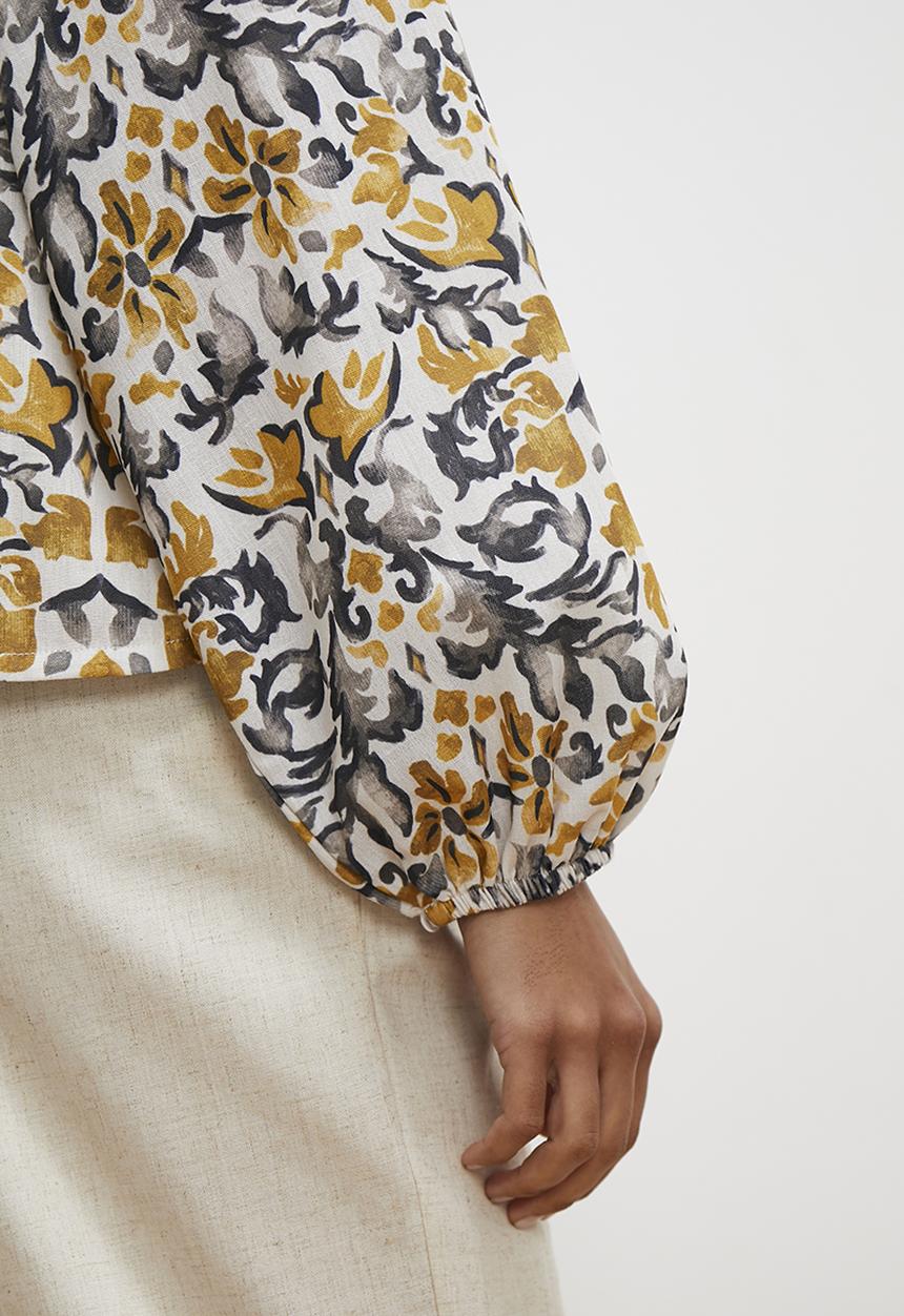 edit - Balloon sleeve v-neck blouse - golden tapestry print