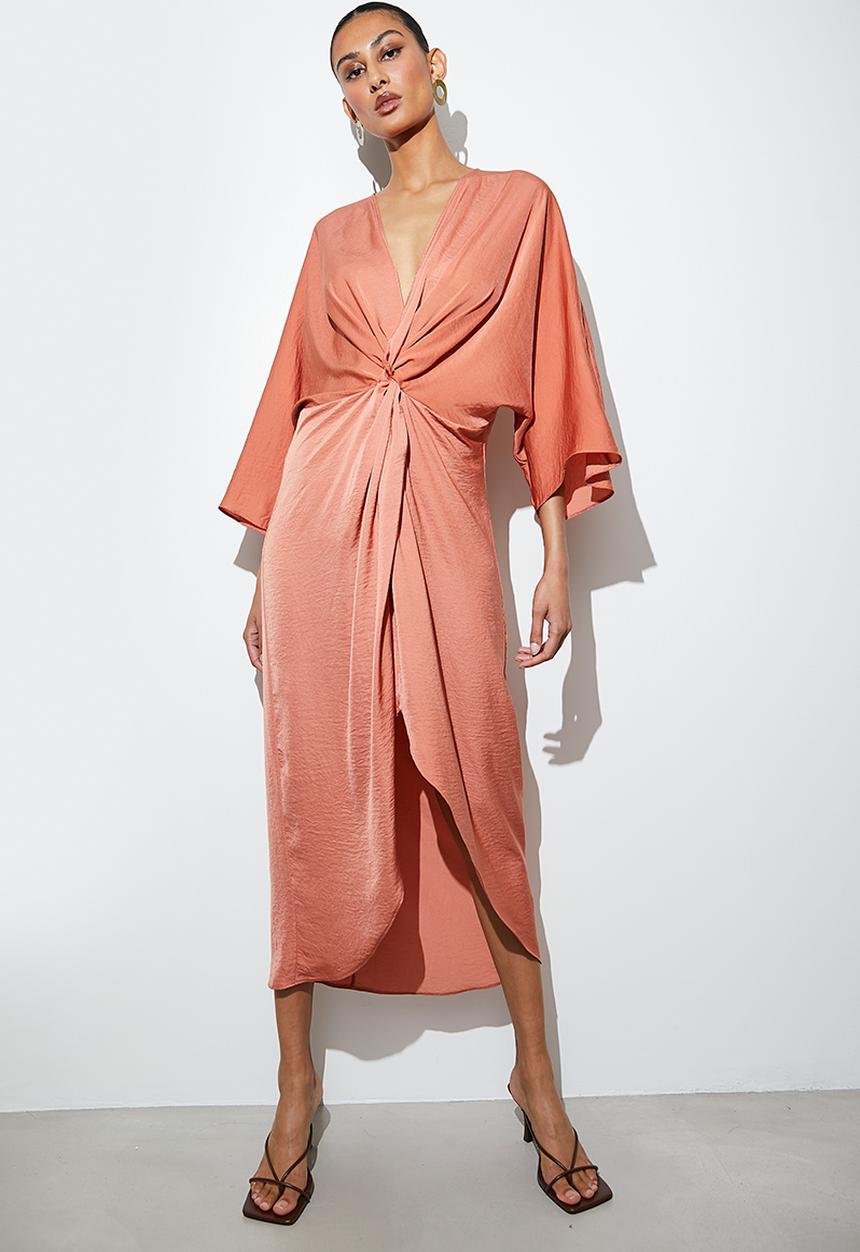 VELVET - satin kaftan dress with knot detail - rust