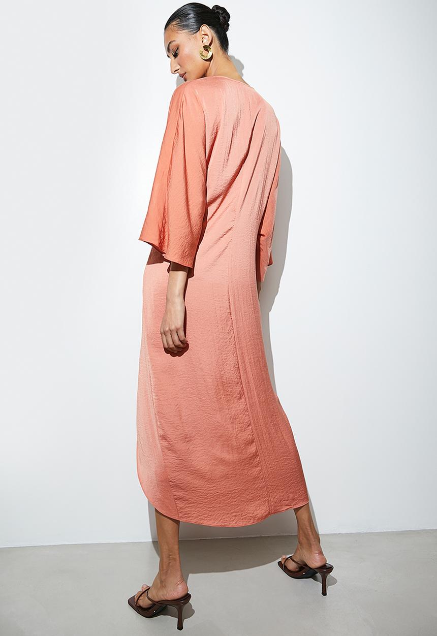 VELVET - satin kaftan dress with knot detail - rust