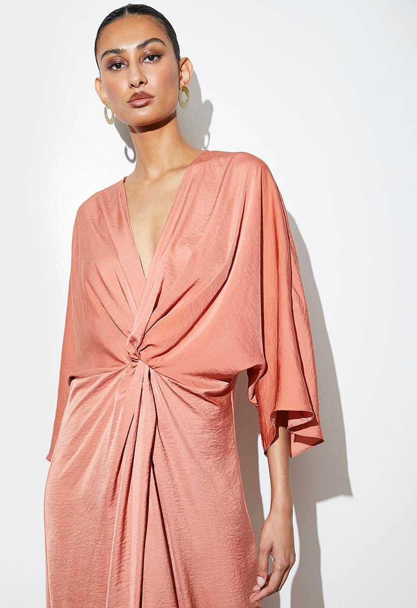 VELVET - satin kaftan dress with knot detail - rust