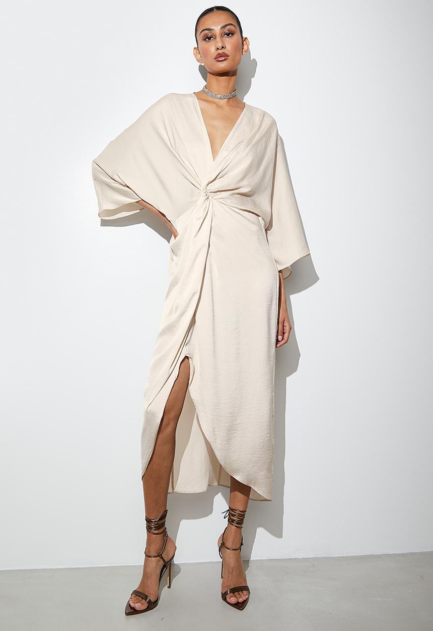 VELVET - Satin kaftan dress with knot detail - neutral