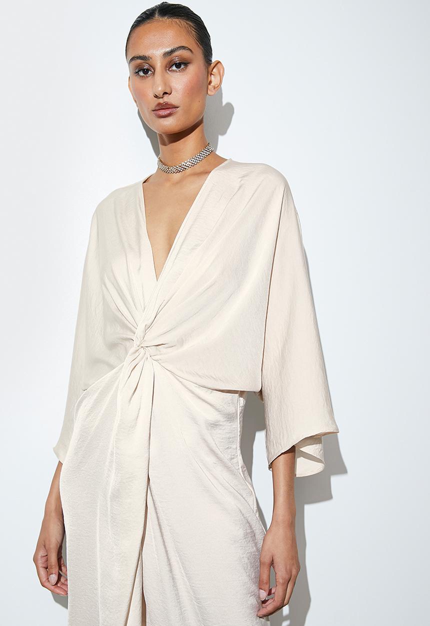 VELVET - Satin kaftan dress with knot detail - neutral