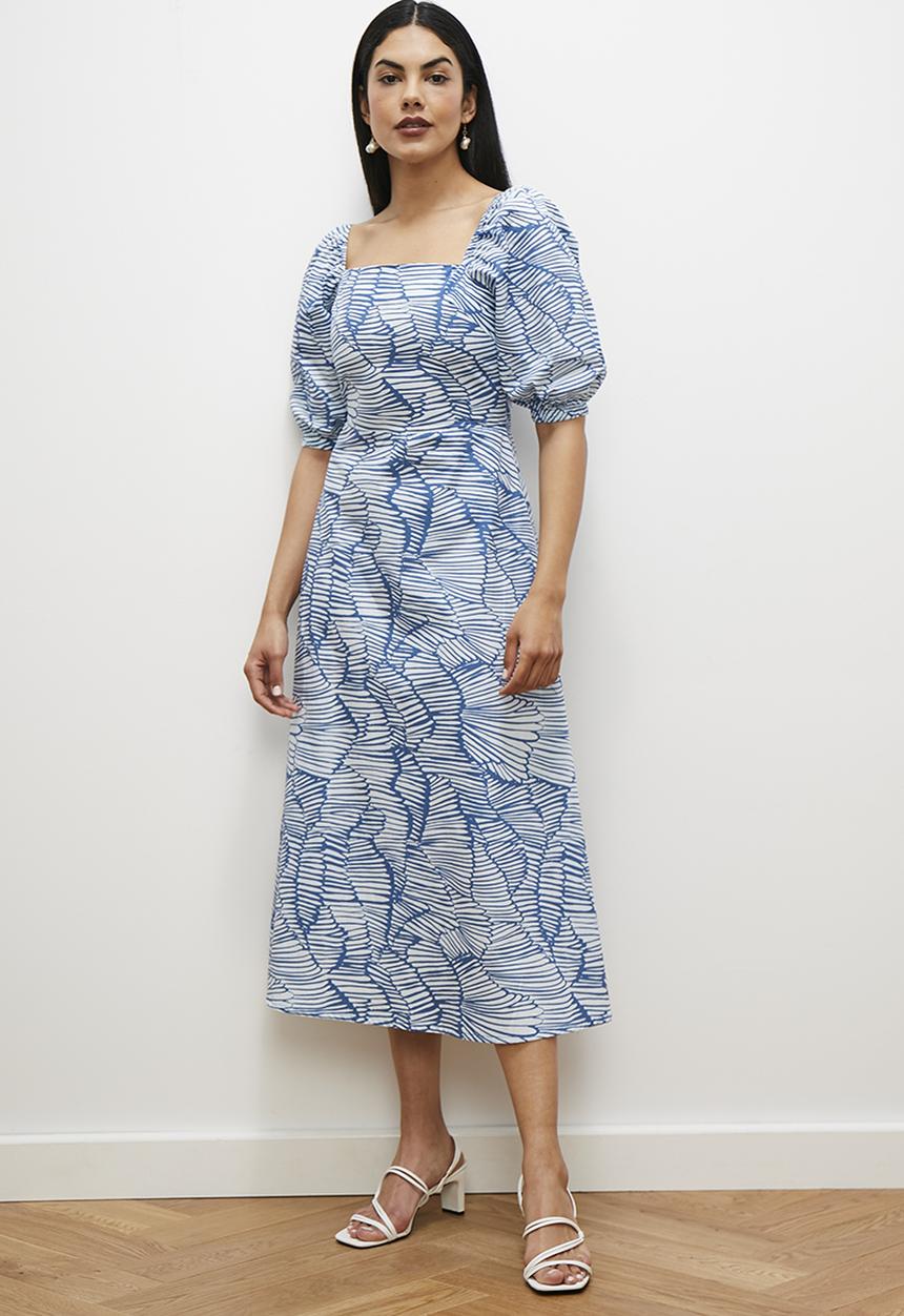 edit - Square neck fit and flare midi dress - blue abstract